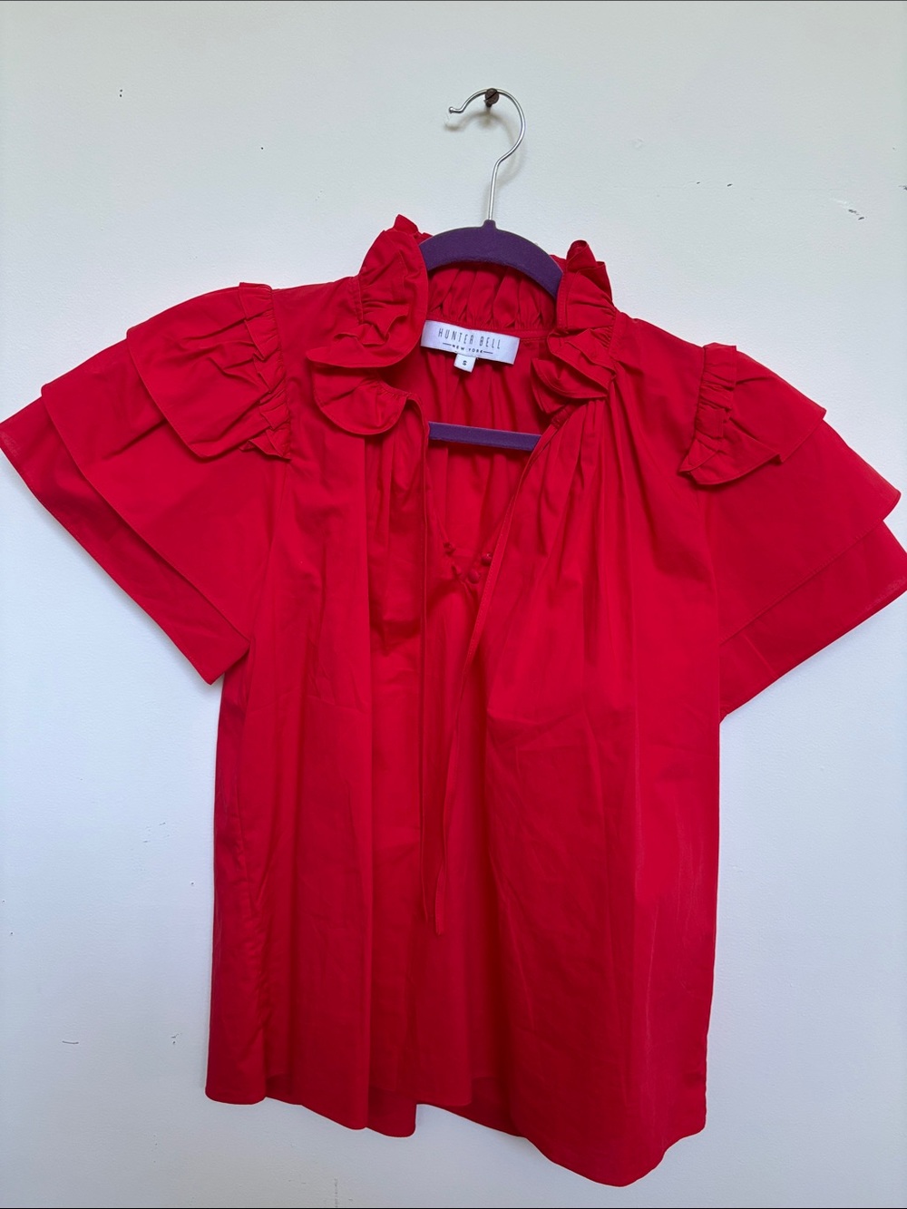 HUNTER BELL Vibrant Red Ruffle Tie-Neck Blouse